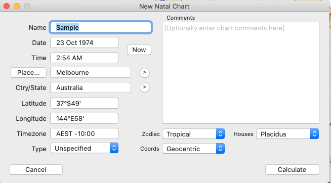 Creating a new natal or event chart - step 3