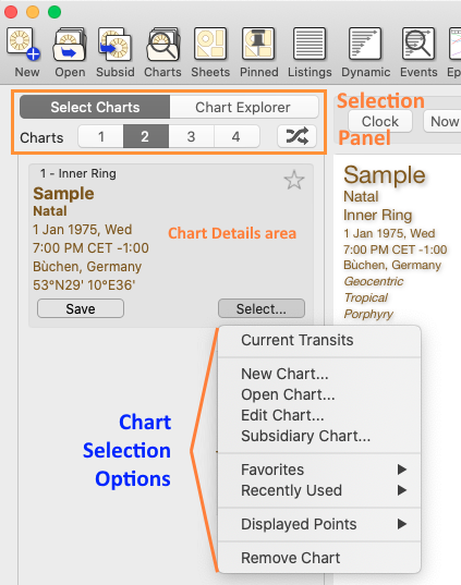 Pane; Selected charts, 1 chart, sample,Select button options, labelled v5