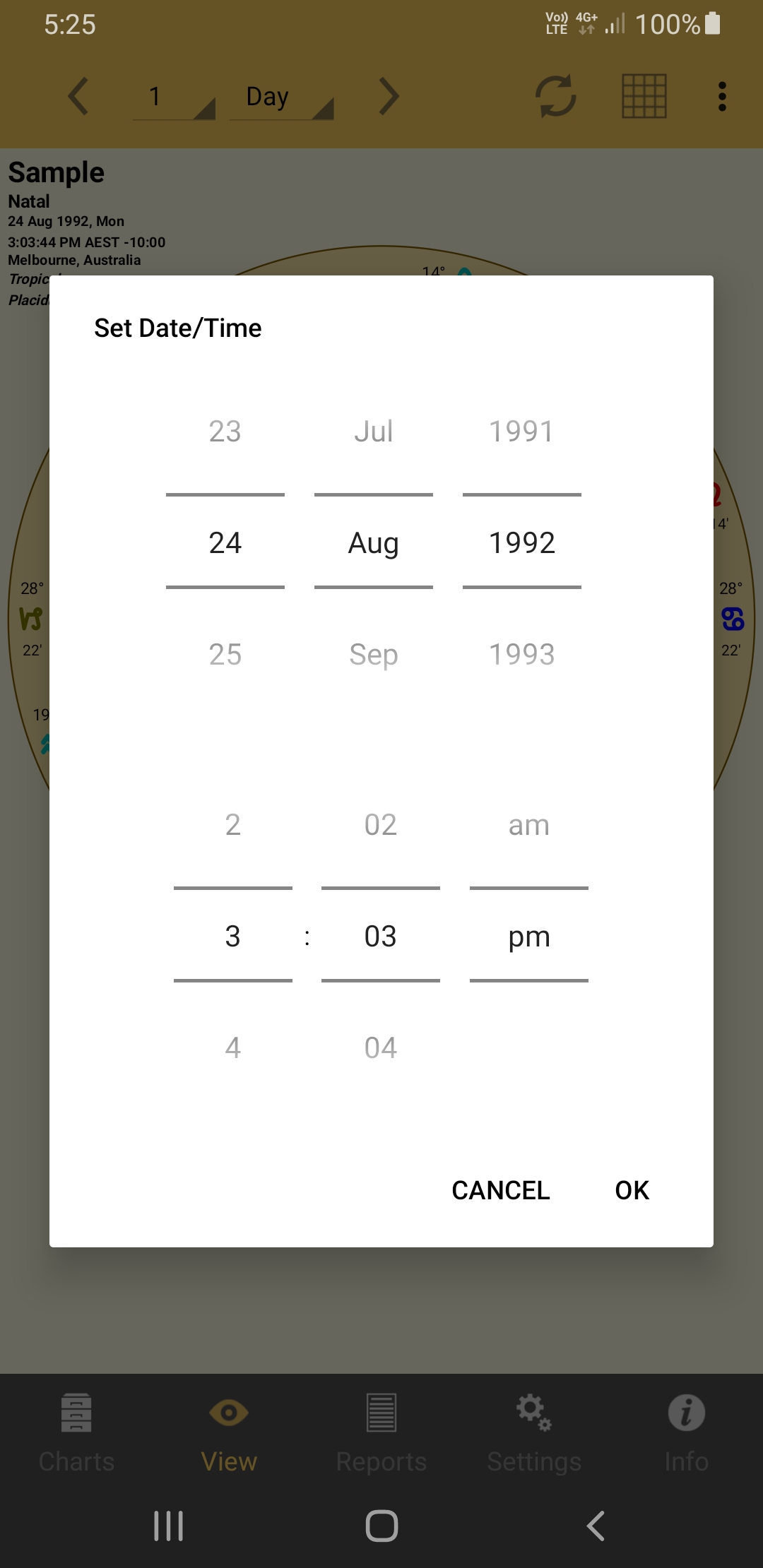 Setting the chart date & time while viewing it