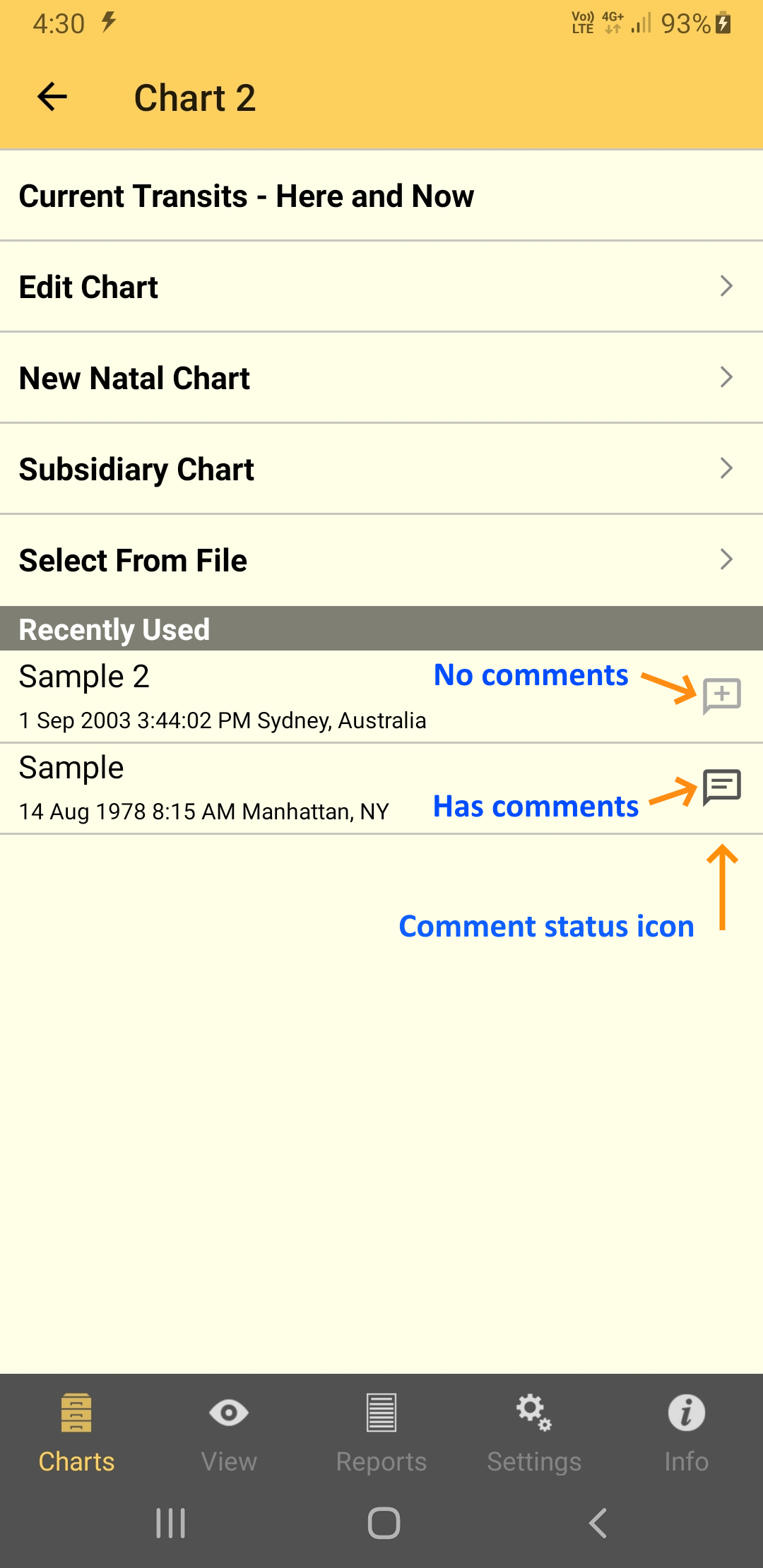 Charts; chart options; recently used