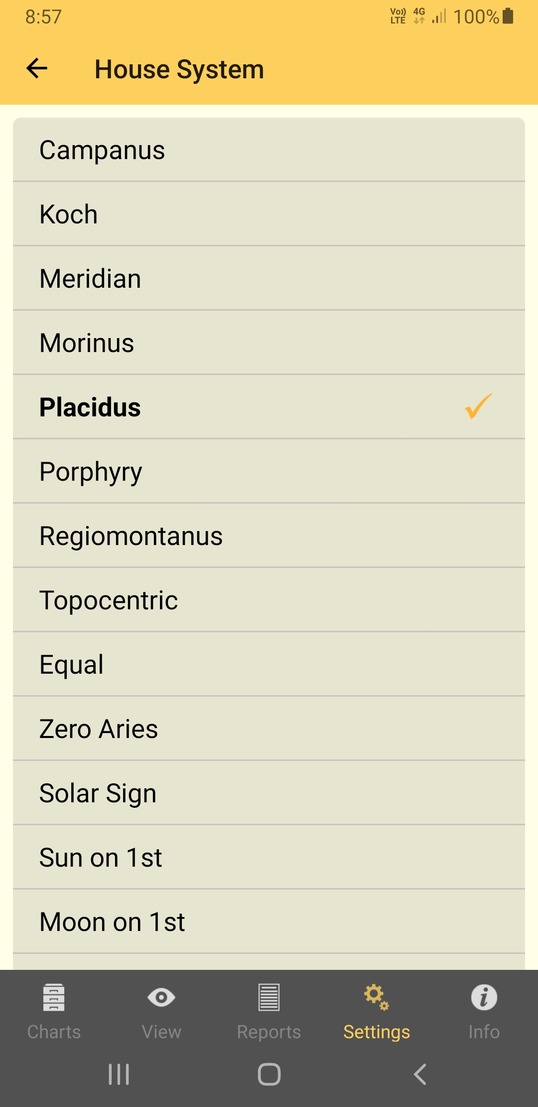 Settings; Chart calculations; house systems