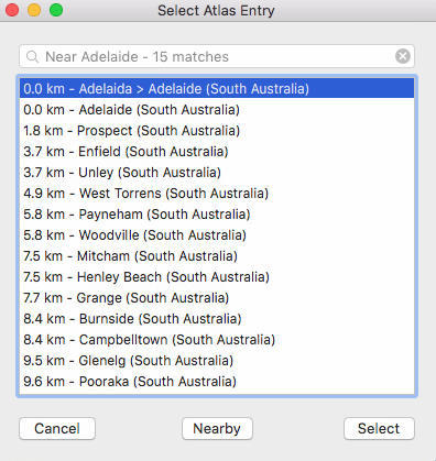 Places nearby the place initially selected 