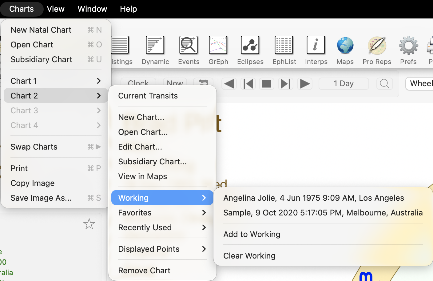 Menu; Charts; Chart 2 options; working