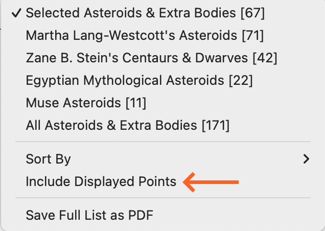 Menu; Astro Sheets, Asteroid List; gear (with arrow to Displayed Points) v6