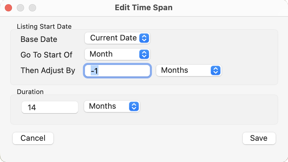 Dialog; Pro Reports; Precitive report; Time Span