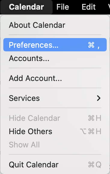 Menu;Calendar; Preferences