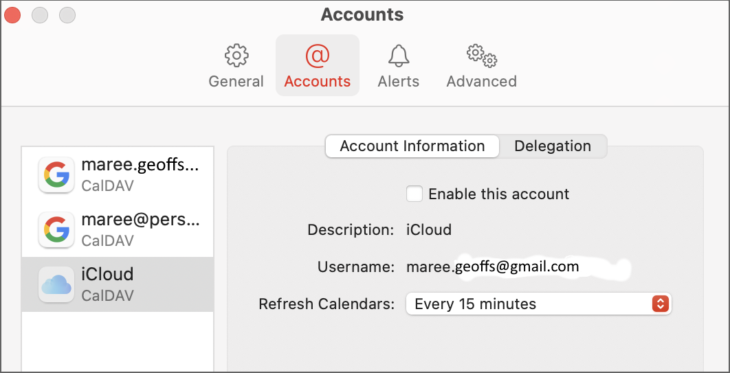 Dialog; Calendar;Accounts;iCloud account disabled