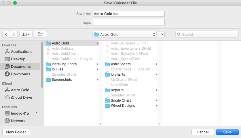 "Save iCalendar file" dialog