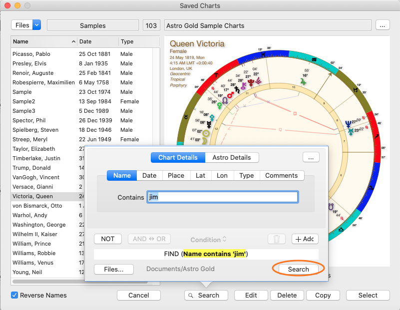 Dialog; Open chart, Search result for 'jim' (outlined)