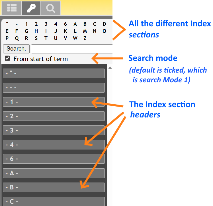Website; User Guide Index menu