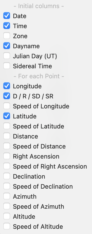 Dialog; Ephemeris Listing, Columns dropdown v6