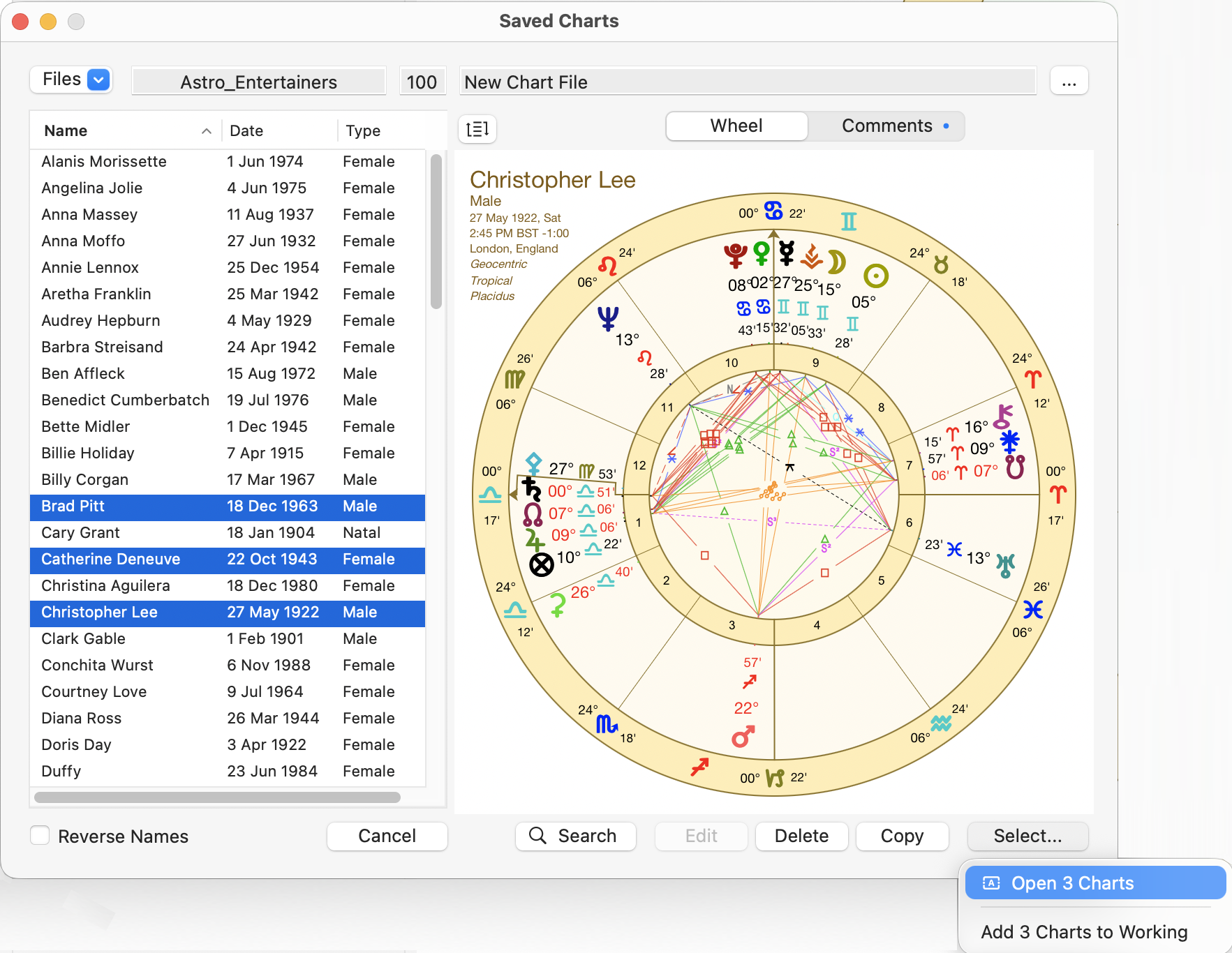 Dialog; Open Chart; select button; 3 charts selected