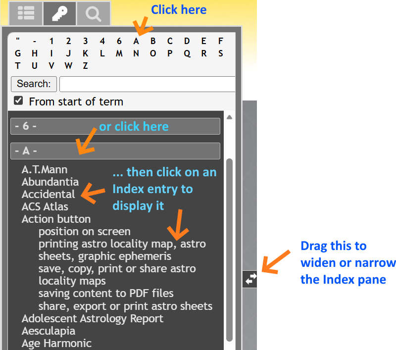 Website; User Guide Index menu, showing entries for A