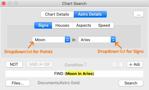 Dialog; Chart Search; Astro Details - signs