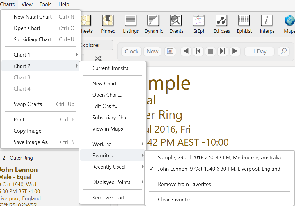 Menu; Charts; Chart2 options; Favourites v6