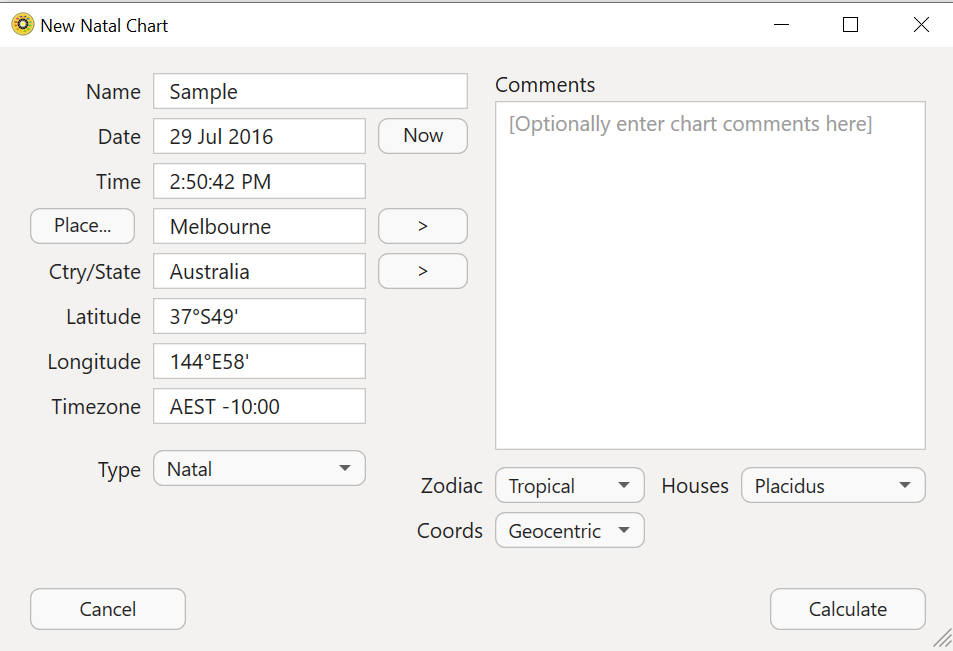 Creating a new natal or event chart - step 3