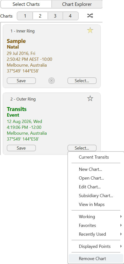 Menu; Selected Charts Pane; Remove chart