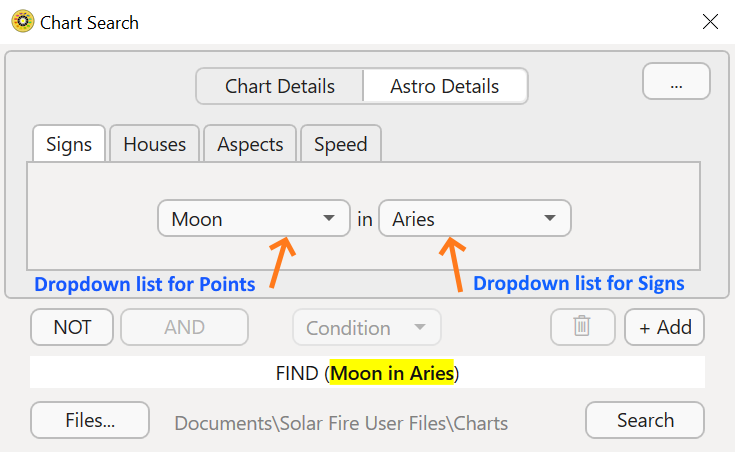 Dialog; Chart search; Astro details; signs