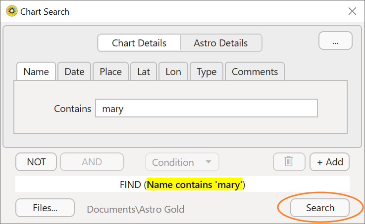 Dialog; chart search; criteria Mary