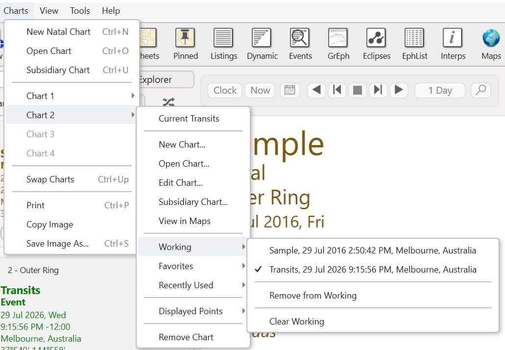 Menu; Charts; Chart 2 options; working