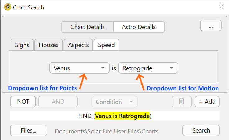Dialog; Chart Search; Astro details; speed