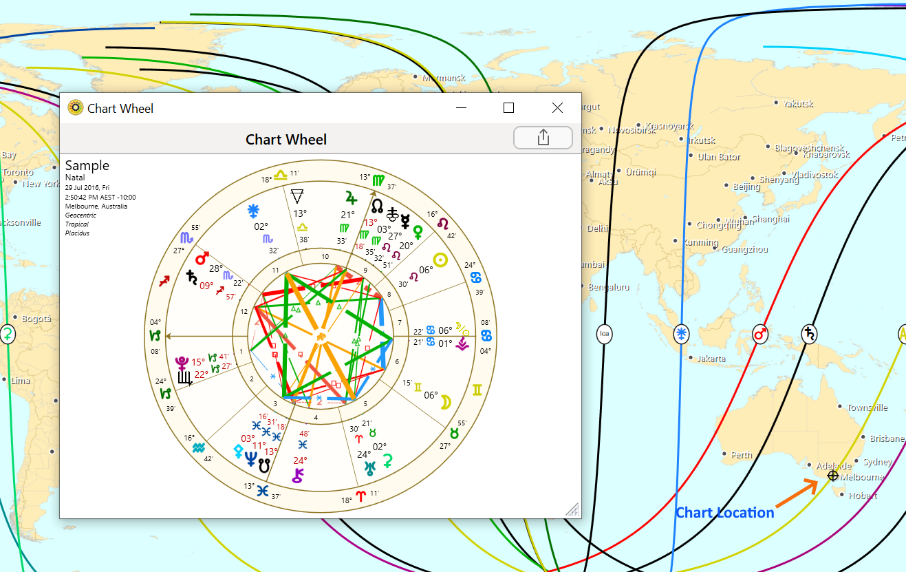 Window; Map; Chart Wheel displayed with location crosshair