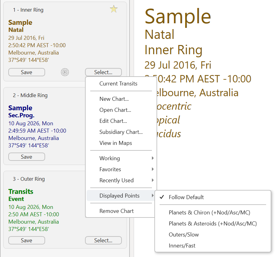 Displayed Points; select charts;custom pop-up menu