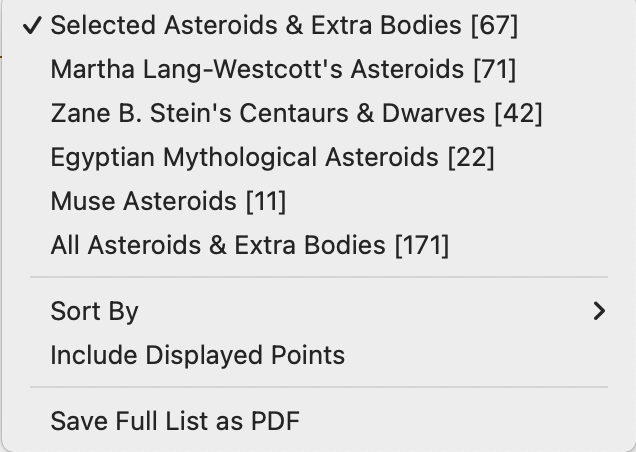Menu; Astro Sheets, Asteroid List; gear v6