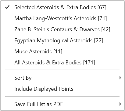 Menu; Sheets; Asteroid List; gear after downloading extra asteroids