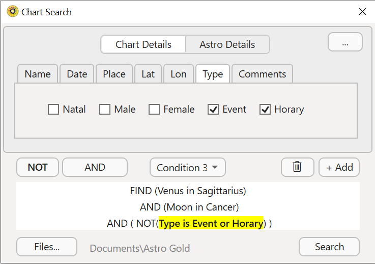 Dialog; Chart search; multi condition criteria; 3rd criteria