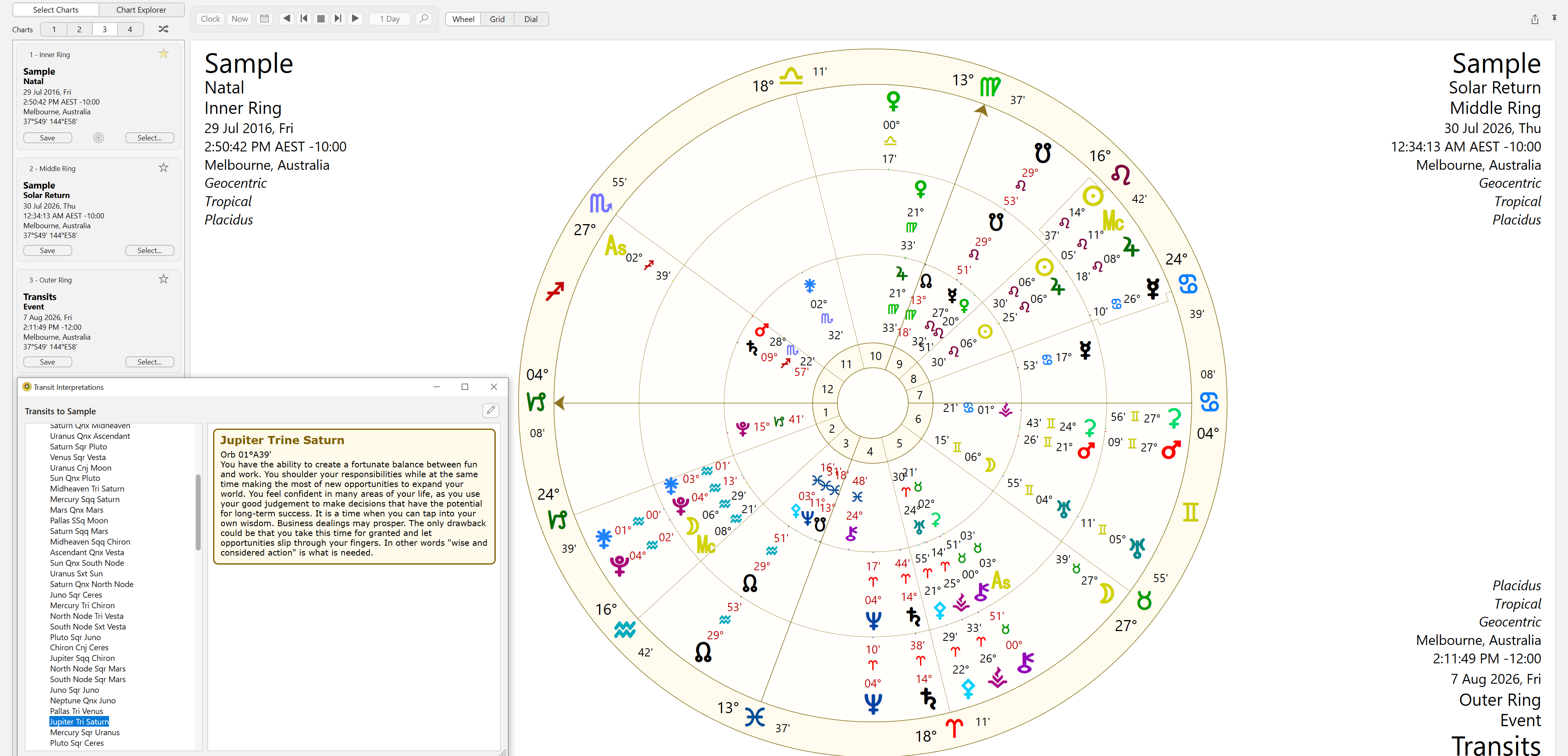 Transits in a 3 ring wheel - outermost chart to innermoist chart&nbsp;