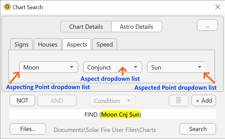 Dialog; Chart search; Astro details; aspects