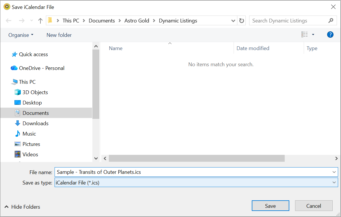 "Save iCalendar file" dialog