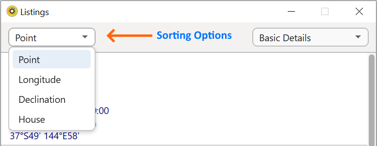 Reports; listings; sort options