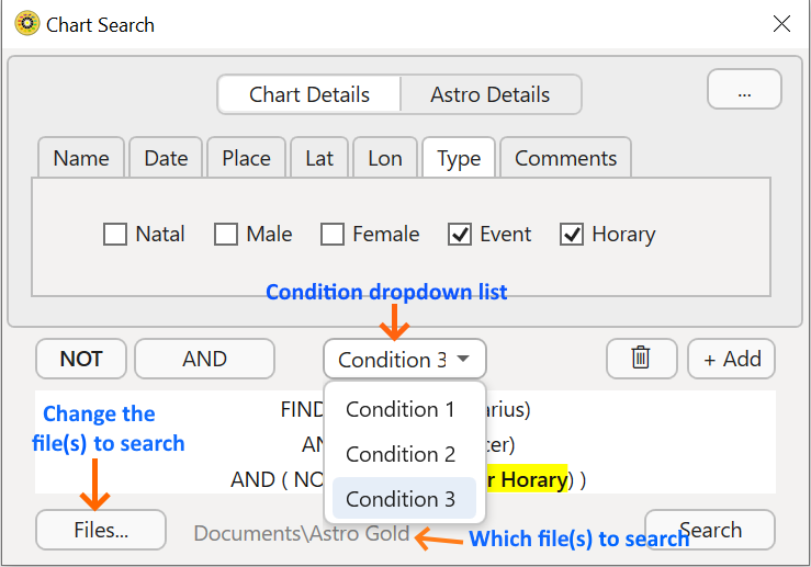 Dialog; Chart search; multi condition criteria; 3rd criteria - condition dropdown