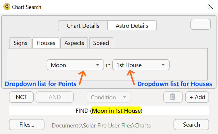 Dialog; Chart search; Astro details; houses