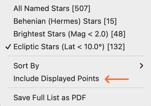 Menu; Astro Sheets, Stars List; gear