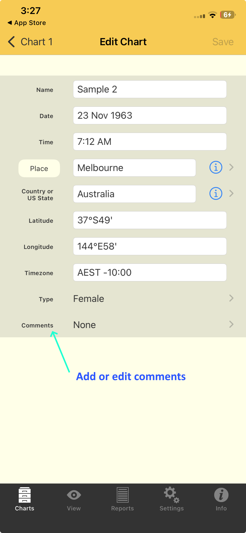 Adding or editing chart comments