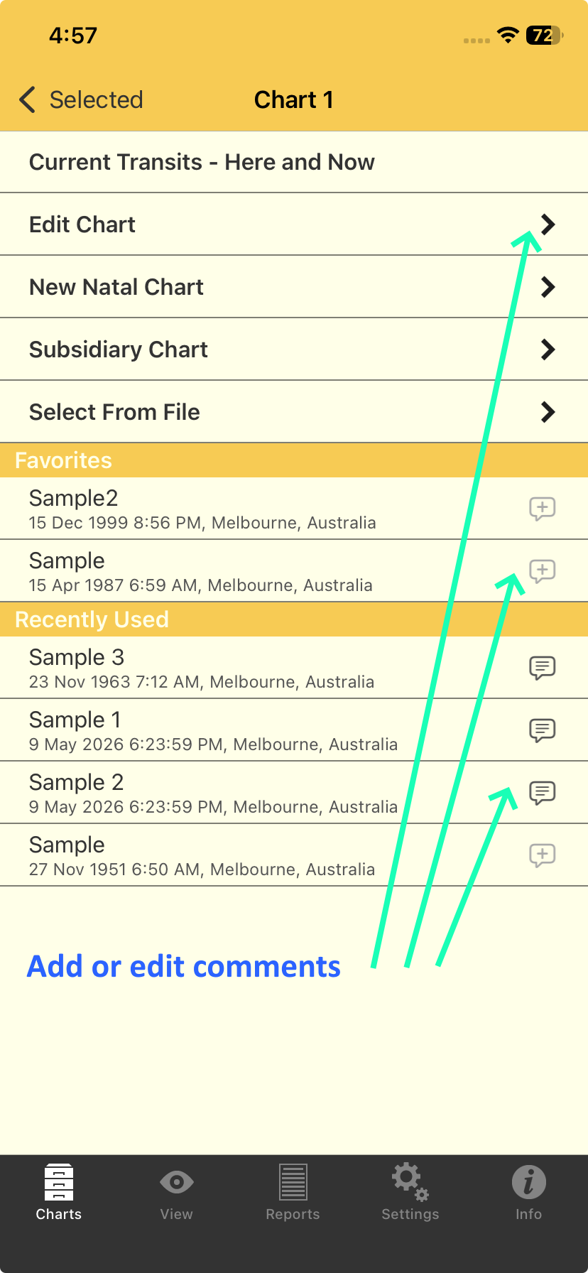 Chart Options: adding or editing chart comments