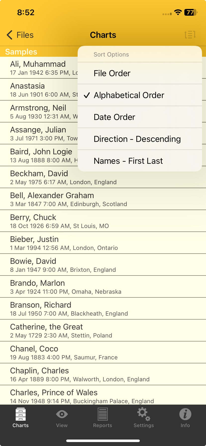 Charts; Select From File; Charts; sort