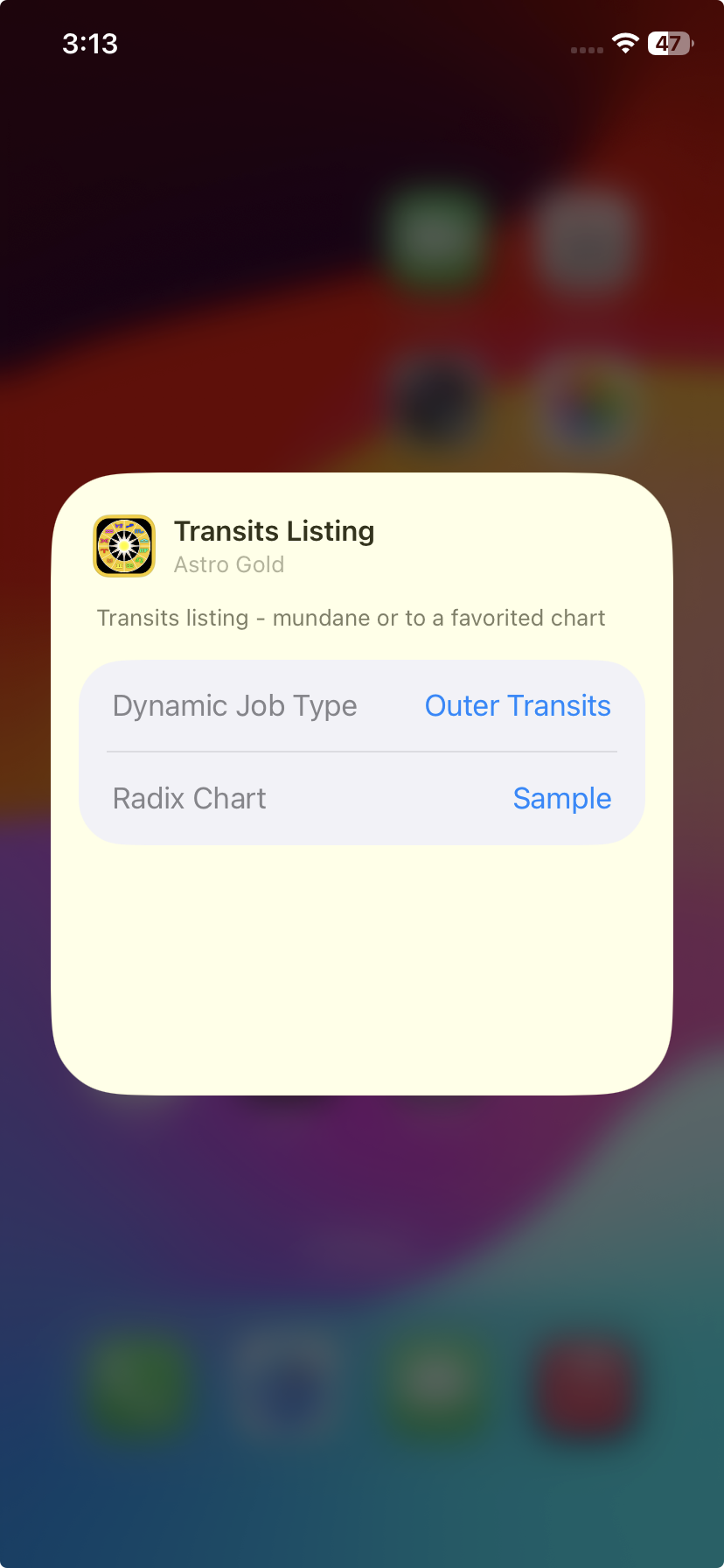 Screen; editing a widget; transit listing; changed current settings