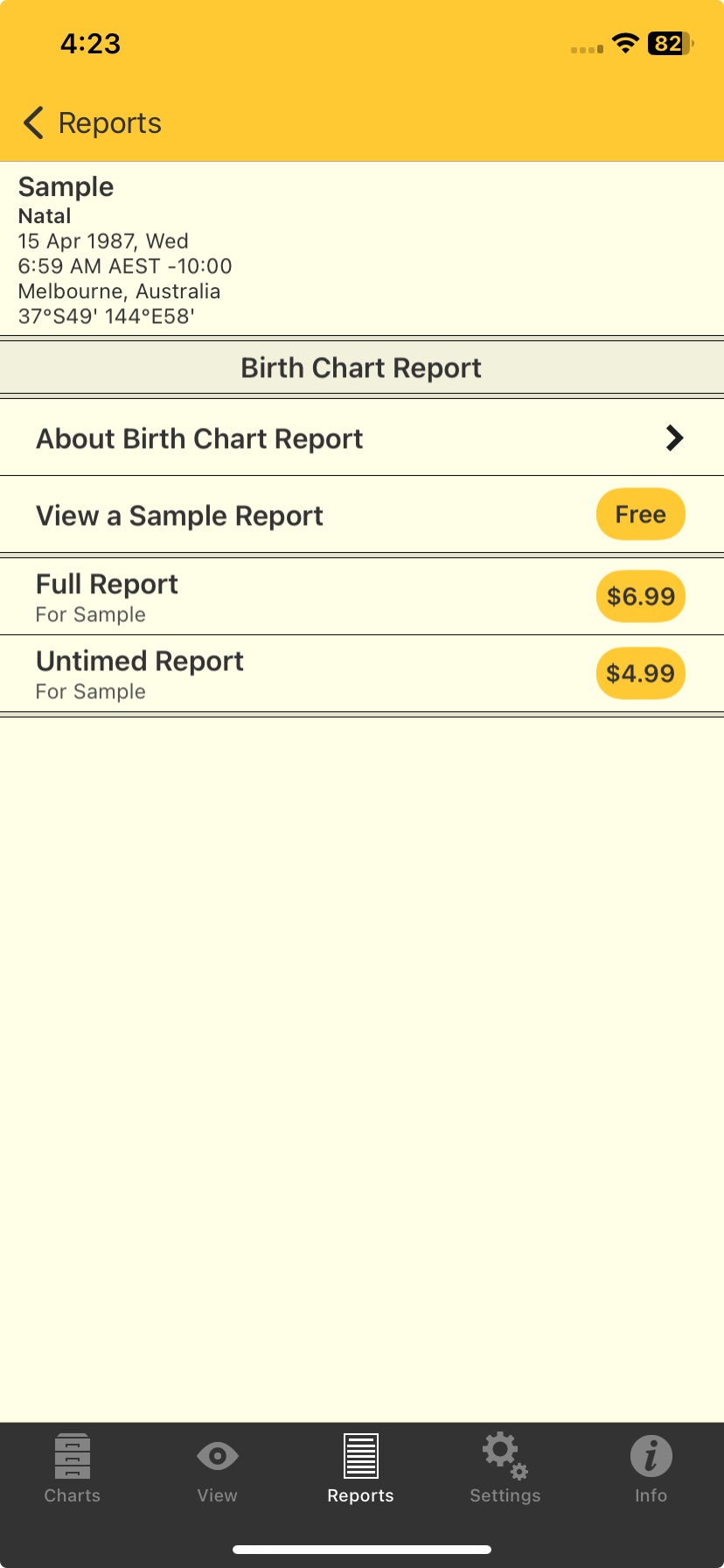 Reports; Birth Chart report