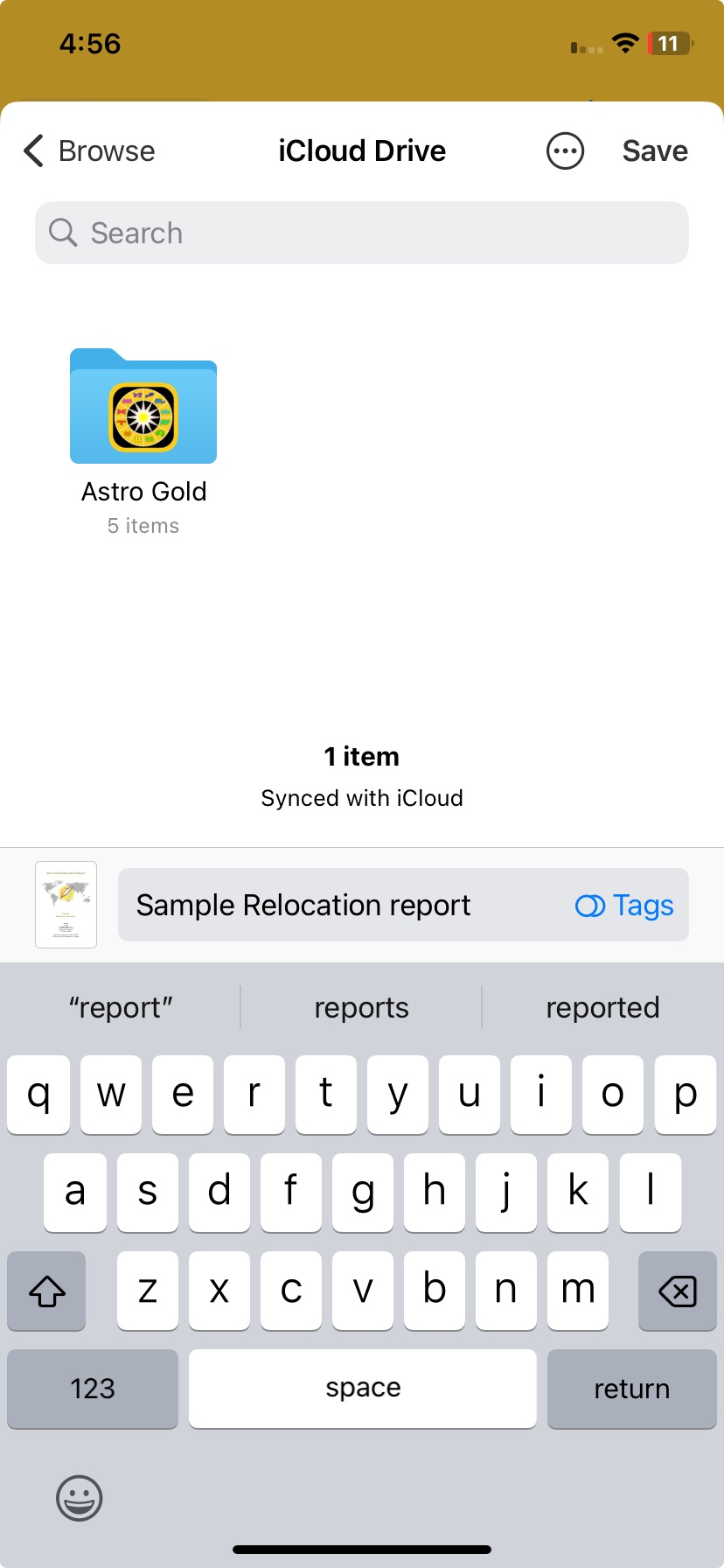 Screen; relocation report; save; enter file name