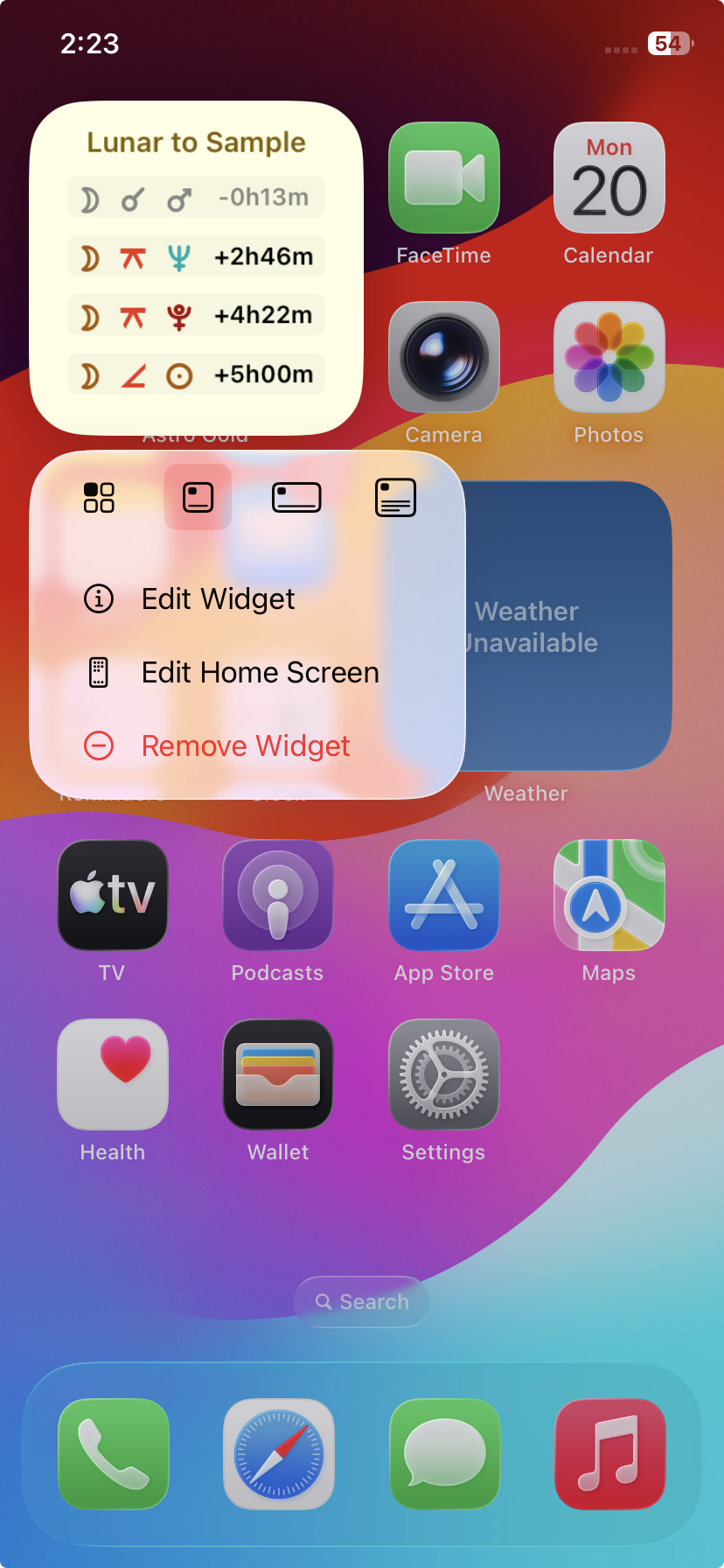 Screen; editing a widget; transit listing; options