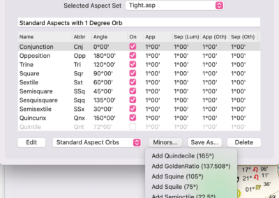 Astro Gold macOS - Planet Aspects Major and Minor Astrology Chart Preferences